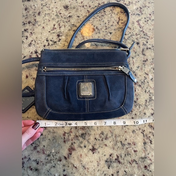 Navy Blue suede Tignanello Crossbody Bag and keychain - Picture 5 of 7